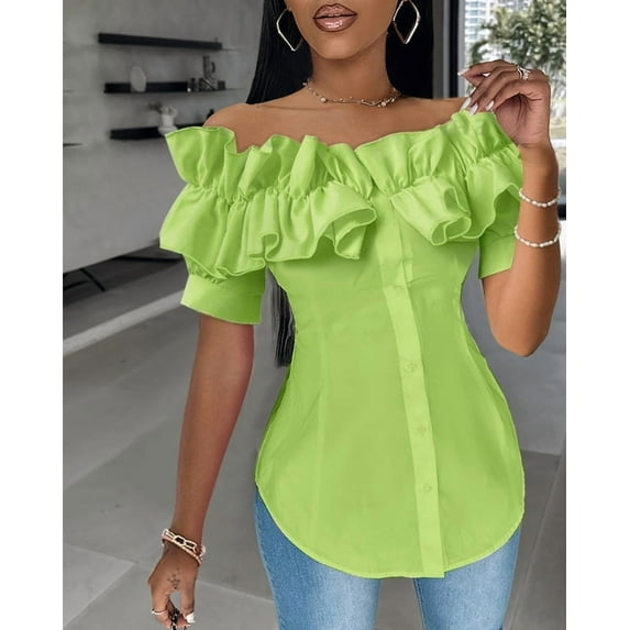 ZOELNIC Women's Sexy Ruffle Trim Off Shoulder Short Sleeve Button Down Blouse Shirts Summer Loose Tunic Tops, S