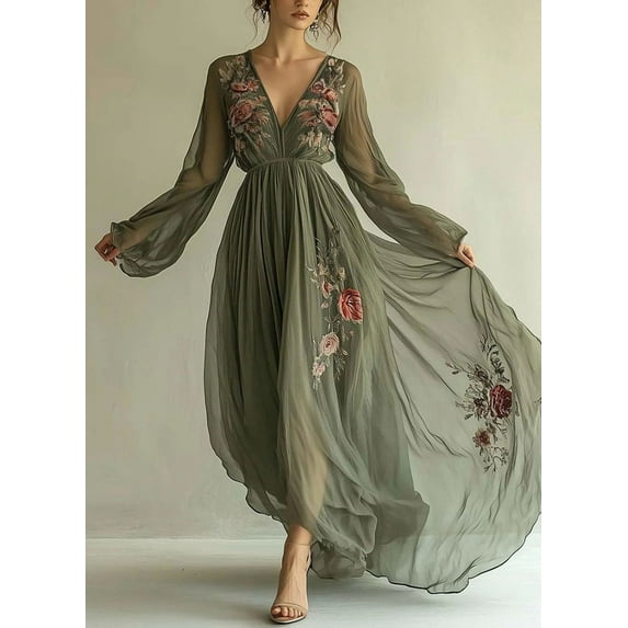 ZOELNIC Women's V-Neck Boho Maxi Dress Floral Sheer Long Sleeve Flowy Pleated Waist Elegant Dress, 2XL
