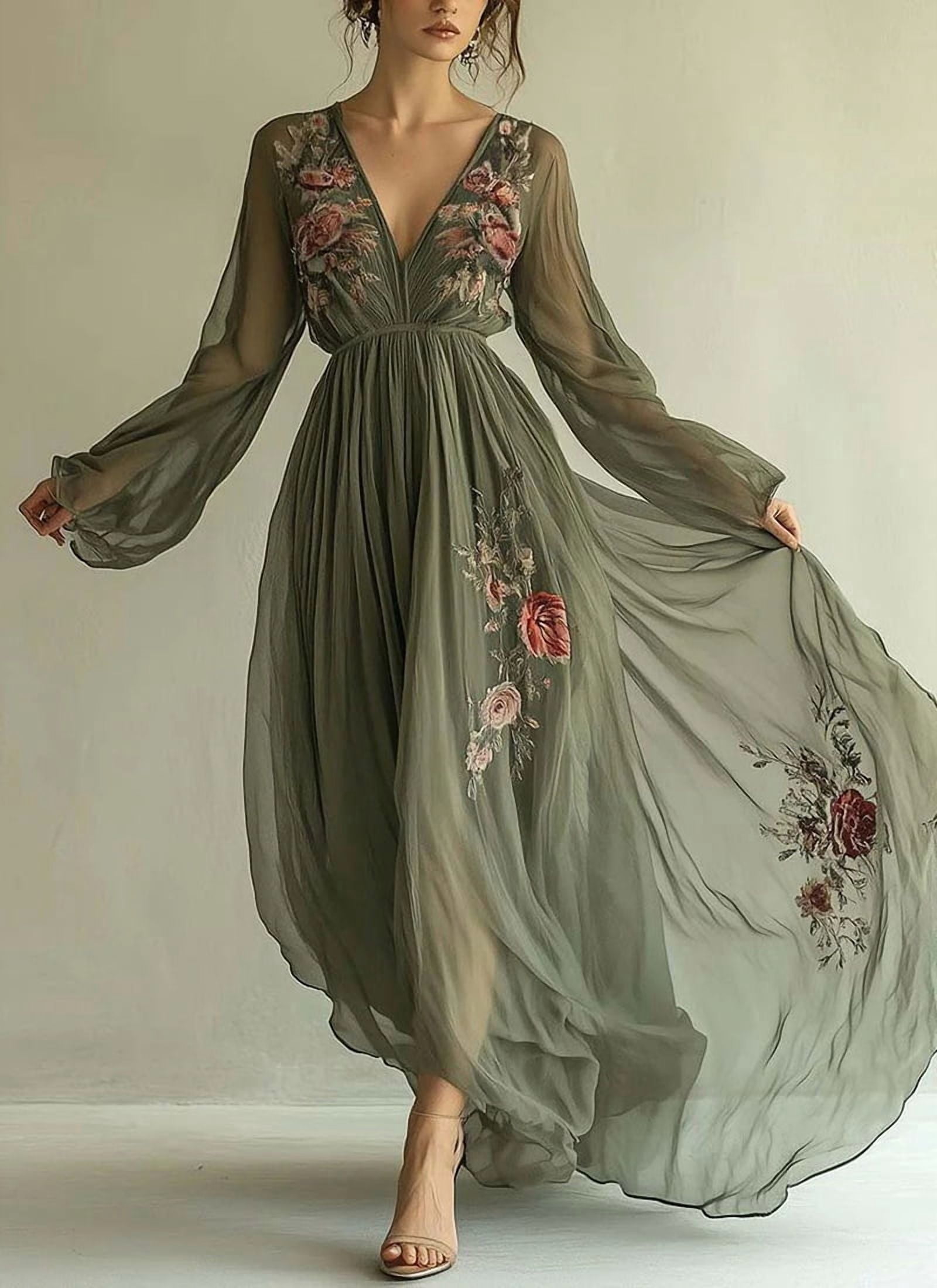 ZOELNIC Women's V-Neck Boho Maxi Dress Floral Sheer Long Sleeve Flowy  Pleated Waist Elegant Dress, L - Walmart.com