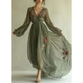 thumbnail image 1 of ZOELNIC Women's V-Neck Boho Maxi Dress Floral Sheer Long Sleeve Flowy Pleated Waist Elegant Dress, L, 1 of 6