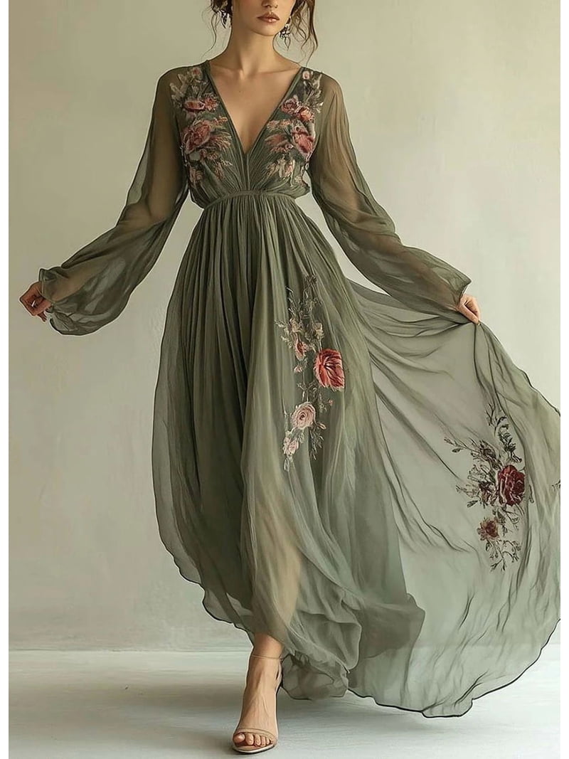 ZOELNIC Women's V-Neck Boho Maxi Dress Floral Sheer Long Sleeve Flowy Pleated Waist Elegant Dress, M - Walmart.com ZOELNIC Women's V-Neck Boho Maxi Dress Floral Sheer Long Sleeve Flowy Pleated Waist Elegant Dress, M - Walmart.com