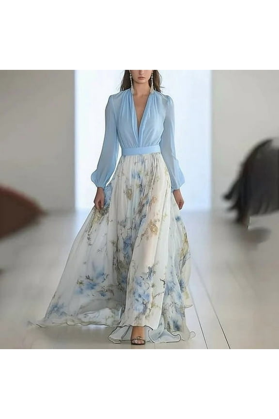 Women's Sexy V-Neck Chiffon Dress - Elegant Boho Floral Maxi Dress with Long Sleeves & Tie Waist, Flowy Summer Wedding Guest Dresses, S