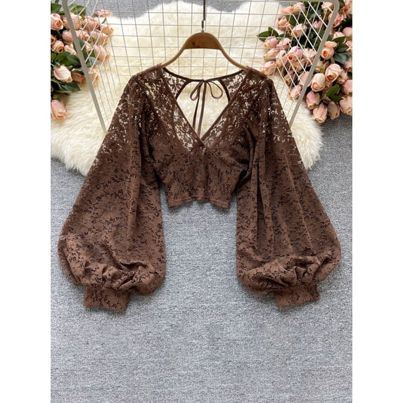 ZOELNIC Women's Sheer Lace Blouse with Tie Back & Lantern Sleeves, Long Sleeve Crop Top