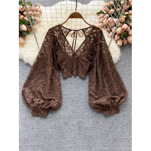 ZOELNIC Women's Sheer Lace Blouse with Tie Back & Lantern Sleeves, Long Sleeve Crop Top