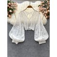 thumbnail image 1 of ZOELNIC Women's Sheer Lace Blouse with Tie Back & Lantern Sleeves, Long Sleeve Crop Top, 1 of 5