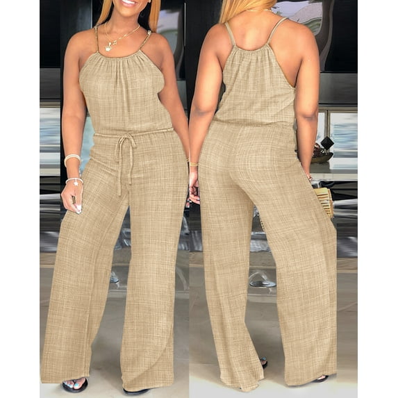 ZOELNIC Women's Sleeveless Jumpsuit - Spaghetti Strap Casual Romper with Drawstring, Summer Vacation & Resort Outfit, S