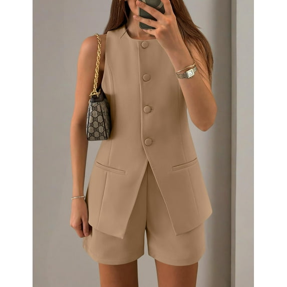 ZOELNIC Women's Summer 2 Piece Outfits High Waisted Short Sets Crewneck Button Down Vest Business Work Blazer Suit, S