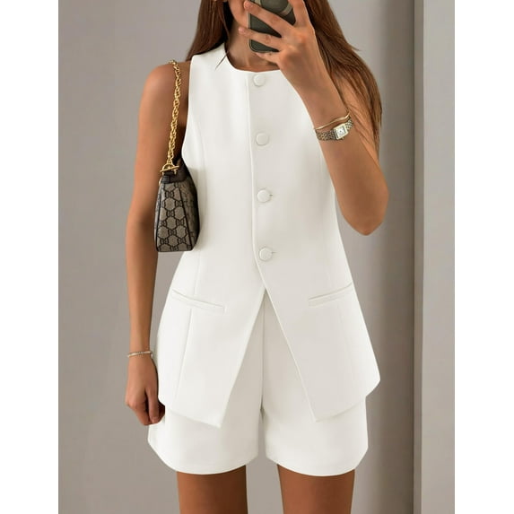 ZOELNIC Women's Summer 2 Piece Outfits High Waisted Short Sets Crewneck Button Down Vest Business Work Blazer Suit, XL