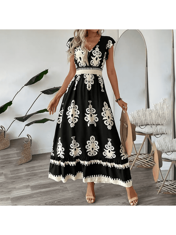 Women's Summer Flowy Maxi Dress Casual Cap Sleeve V Neck Smocked Waist Beach Sundress, S