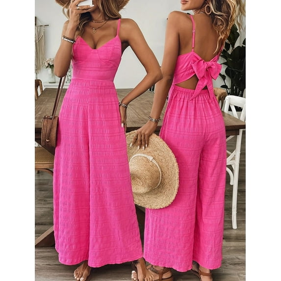 ZOELNIC Women's Summer Jumpsuit Spaghetti Strap Back Bow Romper, Wide Leg Vacation Outfit, Casual Resort Wear One Piece for Beach & Travel, S