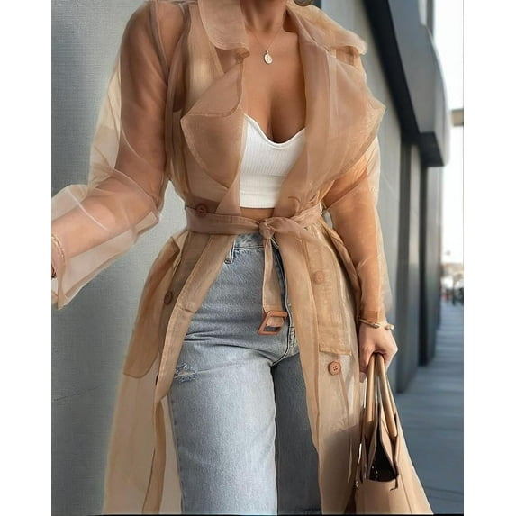 ZOELNIC Women's Summer Mesh Sheer See Through Double Breasted Midi Trench Coat Belted Lightweight Cardigan, L