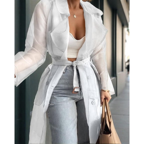 ZOELNIC Women's Summer Mesh Sheer See Through Double Breasted Midi Trench Coat Belted Lightweight Cardigan, S