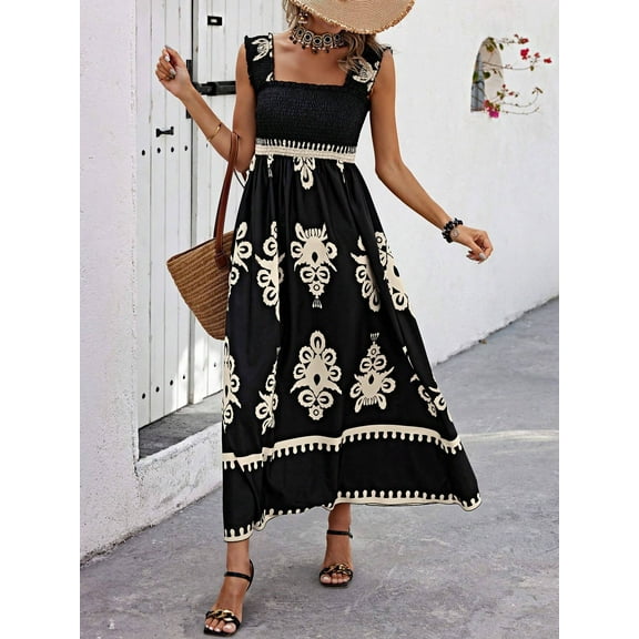 ZOELNIC Women's Summer Sleeveless Square Neck Maxi Dress, Smocked Boho Beach Dress with Ruffle Straps, Flowy A-Line Long Sundress, XL