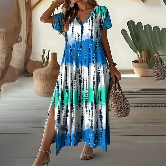 ZOELNIC Women's Summer Tie Dye Maxi Dress Short Sleeve V Neck Casual Loose Long Beach Split Dresses, 2XL