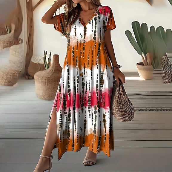 ZOELNIC Women's Summer Tie Dye Maxi Dress Short Sleeve V Neck Casual Loose Long Beach Split Dresses, 2XL