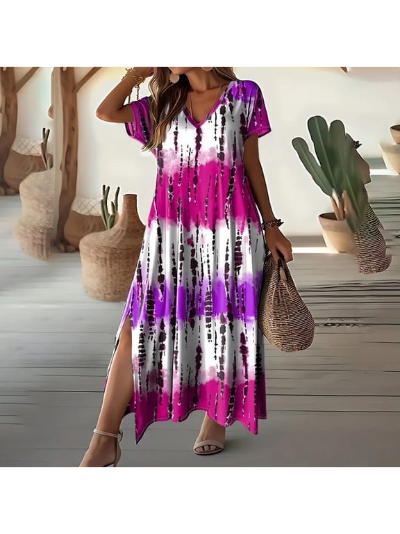 Women's Summer Tie Dye Maxi Dress Short Sleeve V Neck Casual Loose Long Beach Split Dresses, XL