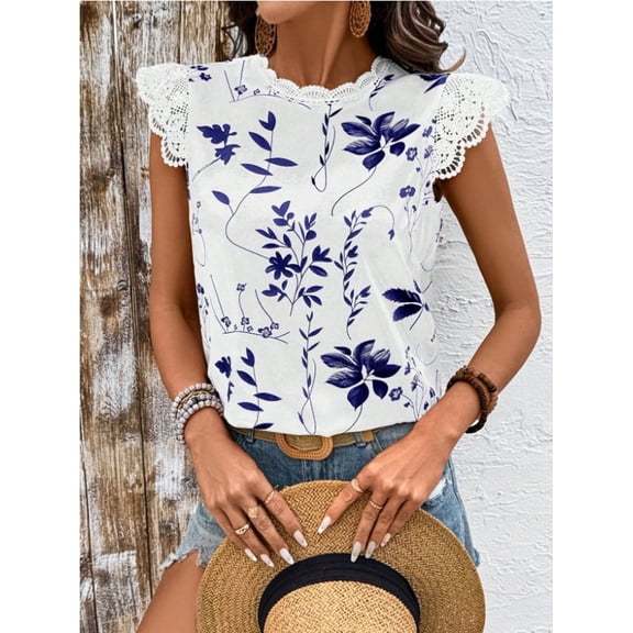 ZOELNIC Women's Summer Tops Lace Cap Sleeve Crew Neck Casual Loose Fit 2025 Trendy Cute Sleeveless Shirts Blouse, L