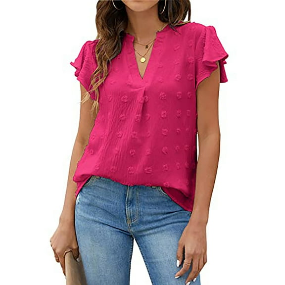 ZOELNIC Women's Summer V Neck Ruffle Short Sleeve Blouse Business Office Casual Top Shirts,2XL