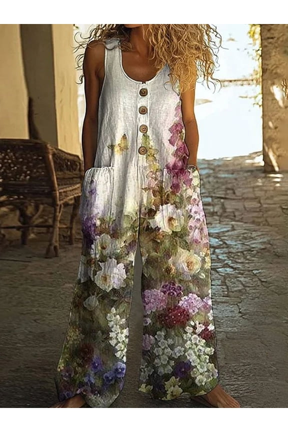 Women's Vintage Floral Jumpsuit - Sleeveless Button Front Romper with Pockets, Casual Loose Fit Long Pants Jumper, 2XL