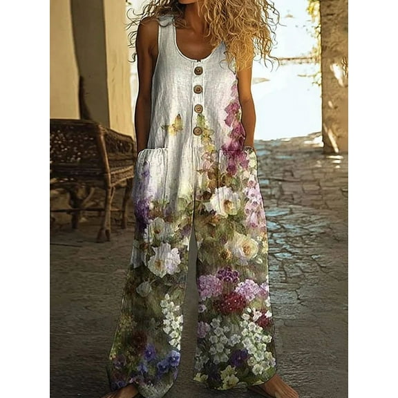 ZOELNIC Women's Vintage Floral Jumpsuit - Sleeveless Button Front Romper with Pockets, Casual Loose Fit Long Pants Jumper, L