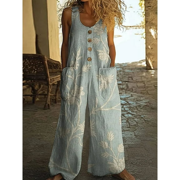 ZOELNIC Women's Vintage Floral Jumpsuit - Sleeveless Button Front Romper with Pockets, Casual Loose Fit Long Pants Jumper, S
