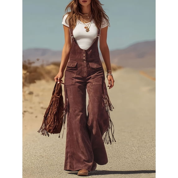 ZOELNIC Women's Vintage Western Jumpsuit with Fringe & Wide Leg, Slim Fit Button Down Overall with Pocket, S