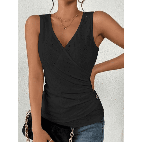 ZOELNIC Women's Wrap Ruched Tank Tops V-Neck Solid Button Design Slim Fit Casual Summer Tee Tops, 2XL