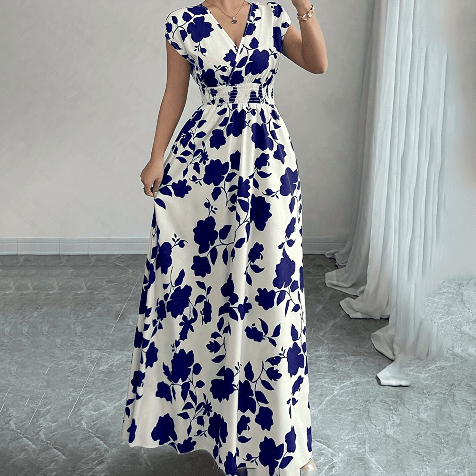 elegant casual long dresses ZOELNIC Women's Wrap V Neck Short Sleeve Empire Elastic Waist Summer Casual  Elegant Maxi Long Dresses, 2XL