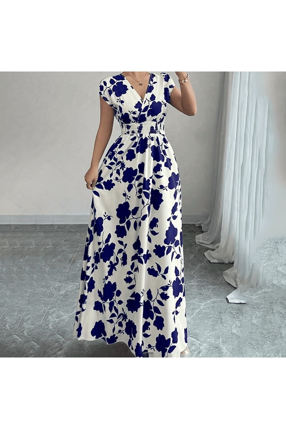 Women's Wrap V Neck Short Sleeve Empire Elastic Waist Summer Casual Elegant Maxi Long Dresses, L