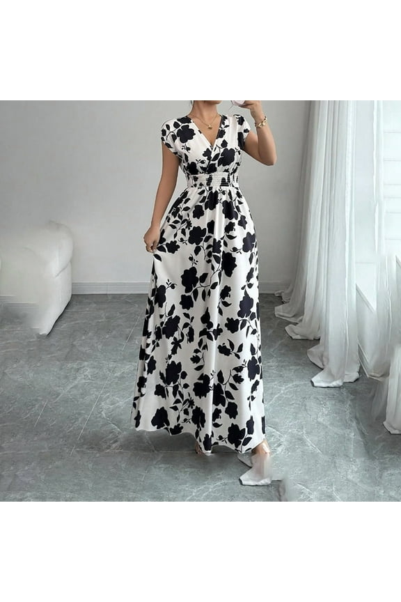 Women's Wrap V Neck Short Sleeve Empire Elastic Waist Summer Casual Elegant Maxi Long Dresses, S