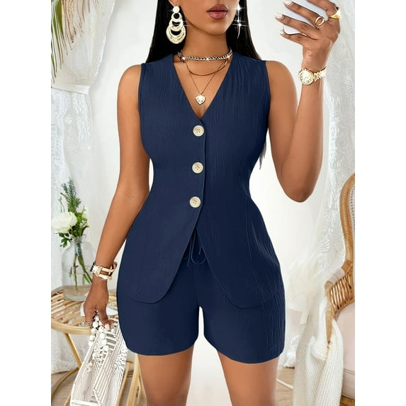 ZOELNIC Womens 2 Piece Outfits Casual Suit Sets Sleeveless Button Down Blazer Vest Shorts Office Business Matching Set, L