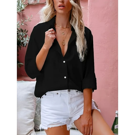 ZOELNIC Womens Button Down Shirts Long Sleeve Collared Work Office Casual Blouses Tops, S