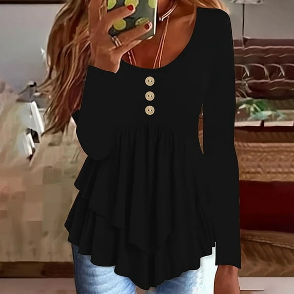 ZOELNIC Womens Casual Long Sleeve T-Shirt Solid Color Round Neck Layered Button Front Tunic Tops, M