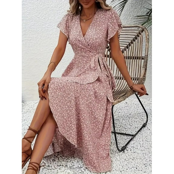 ZOELNIC Womens Floral Summer Dress Casual Wrap V Neck Short Sleeve Belted Beach Bohemian Maxi Dress, S