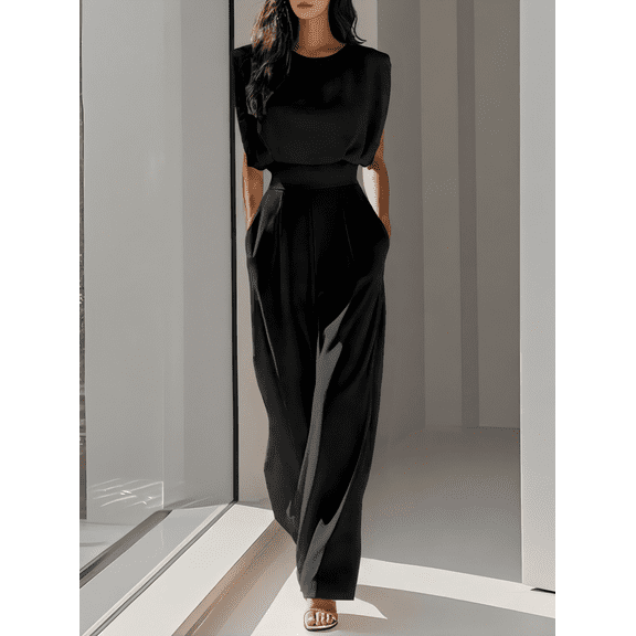 ZOELNIC Womens Pleated Jumpsuits Short Sleeve Crew Neck Dressy Casual Wide Leg Pants Romper 2025 Summer One Piece Outfits, 2XL
