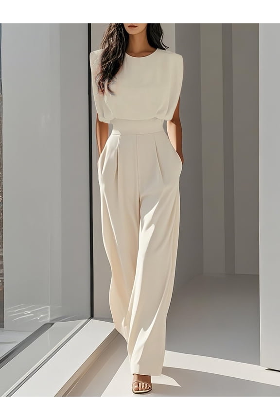 Womens Pleated Jumpsuits Short Sleeve Crew Neck Dressy Casual Wide Leg Pants Romper 2025 Summer One Piece Outfits, S