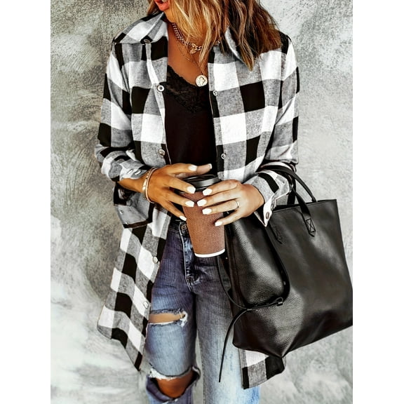 ZOELNIC Womens Shacket Long Sleeve Collared Button Down Plaid Shirt Casual Work Tops, M
