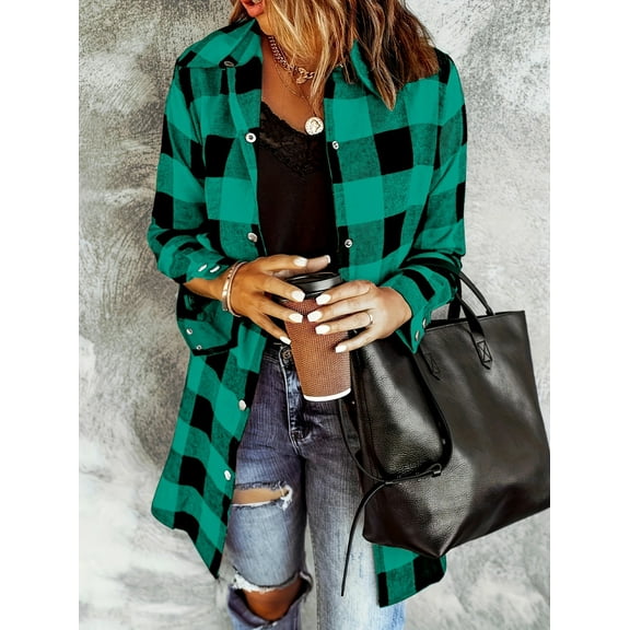 ZOELNIC Womens Shacket Long Sleeve Collared Button Down Plaid Shirt Casual Work Tops, S