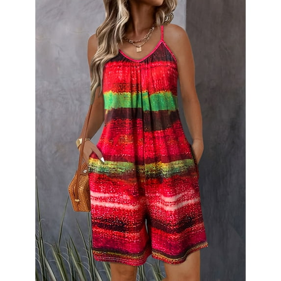 ZOELNIC Womens Summer Casual Print Sleeveless Rompers Loose Spaghetti Strap Shorts Jumpsuit with Pockets, L