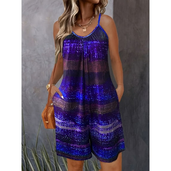 ZOELNIC Womens Summer Casual Print Sleeveless Rompers Loose Spaghetti Strap Shorts Jumpsuit with Pockets, XL