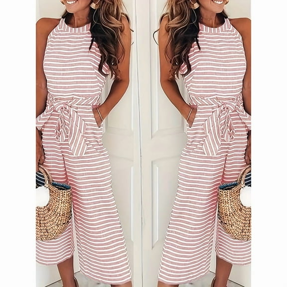 ZOELNIC Womens Summer Striped Jumpsuits Dressy Casual One Piece Outfits Sleeveless Crew Neck Wide Leg Pants Rompers, S