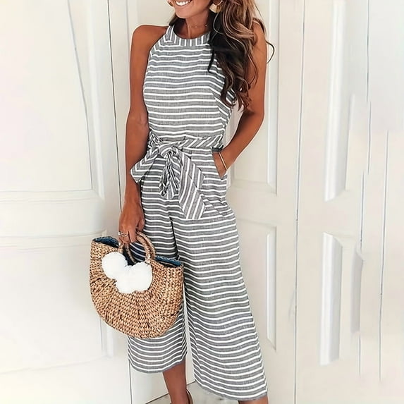 ZOELNIC Womens Summer Striped Jumpsuits Dressy Casual One Piece Outfits Sleeveless Crew Neck Wide Leg Pants Rompers, S