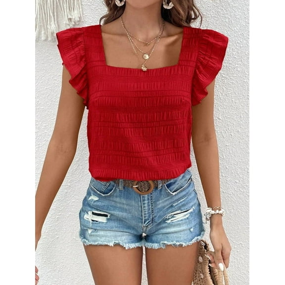 ZOELNIC Womens Summer Tops Square Neck Ruffle Short Sleeve Textured Blouses Dressy Casual Shirts, S