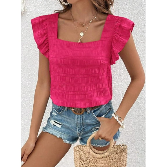 ZOELNIC Womens Summer Tops Square Neck Ruffle Short Sleeve Textured Blouses Dressy Casual Shirts, S