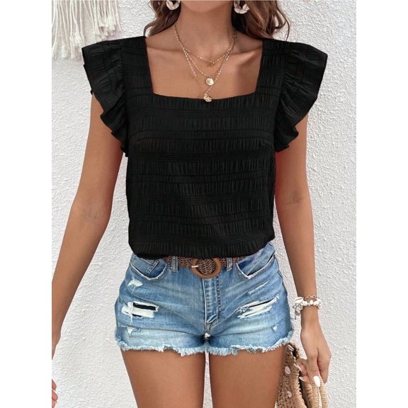 ZOELNIC Womens Summer Tops Square Neck Ruffle Short Sleeve Textured Blouses Dressy Casual Shirts, XL