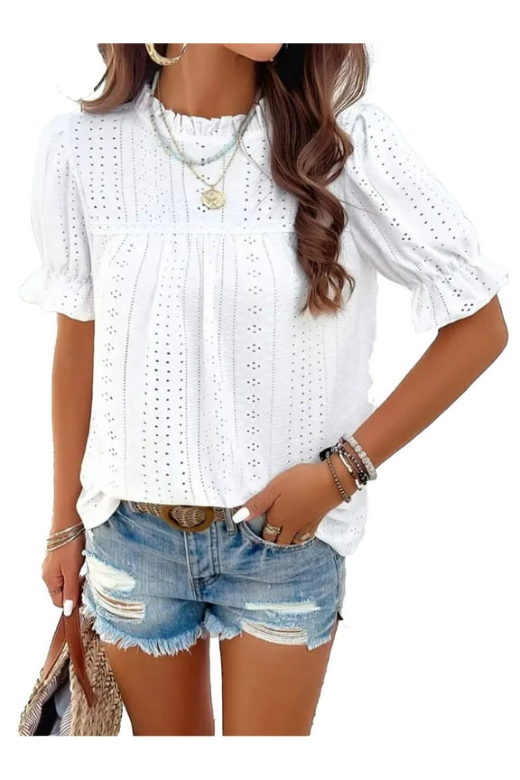 Womens Tops Summer Loose Crew Neck Eyelet T-Shirts Dressy Casual Ruffle Sleeve Tunic Blouses, L