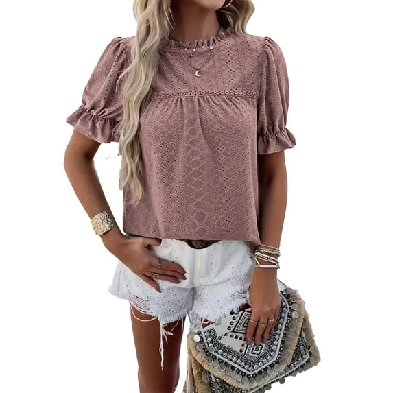 ZOELNIC Womens Tops Summer Loose Crew Neck Eyelet T-Shirts Dressy Casual Ruffle Sleeve Tunic Blouses, M