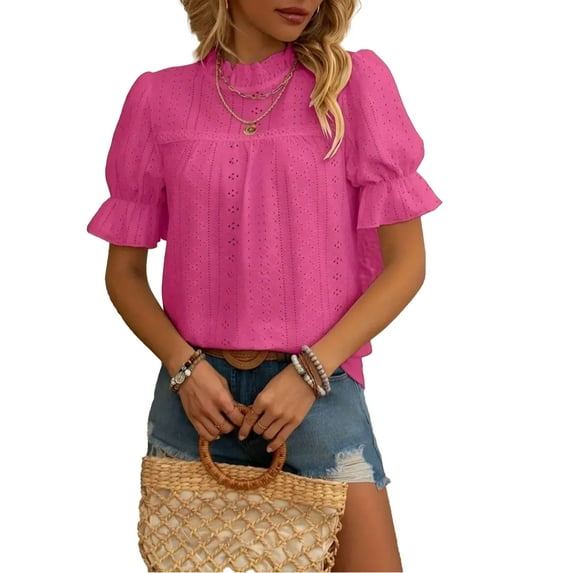 ZOELNIC Womens Tops Summer Loose Crew Neck Eyelet T-Shirts Dressy Casual Ruffle Sleeve Tunic Blouses, S
