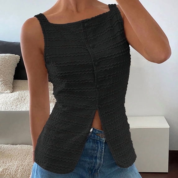 ZOELNIC Womens Vest Top Trendy Button Up Tank Tops Asymmetrical Y2k Going Out Top, L