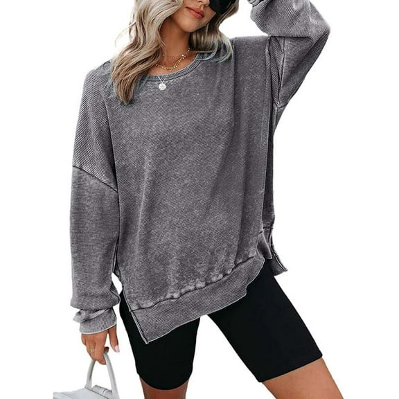 ZOELNIC Womens Waffle Knit Crewneck Sweatshirts Long Sleeve Side Slits Casual Pullover Sweatshirt Tops, L